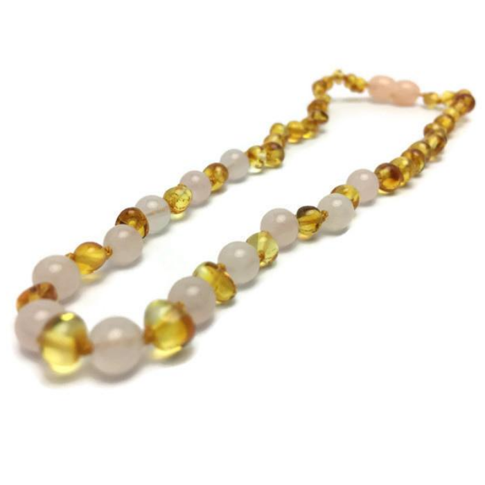 Baby Baltic Amber Necklace - Baltic Amber Teething Necklace And Rose Gemstone