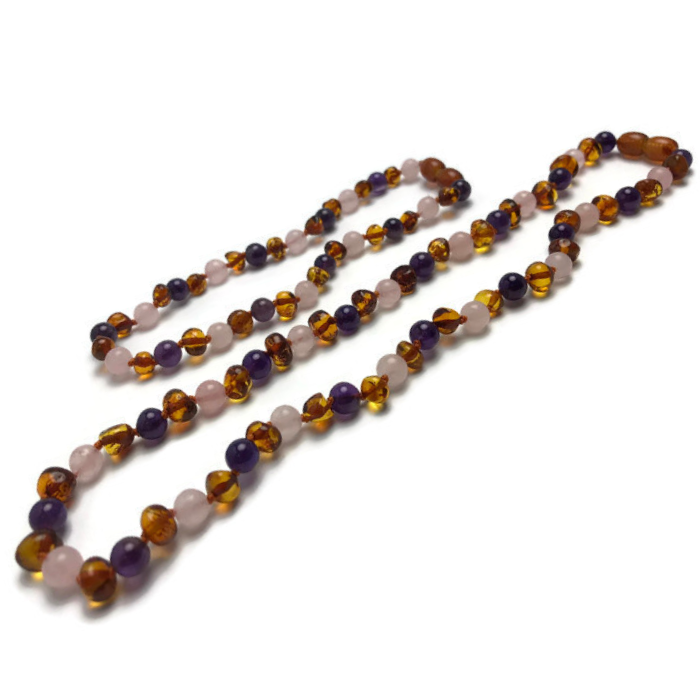 Baby Baltic Amber Necklace - Baltic Amber Teething Necklace Cognac Rainbow Gemstones
