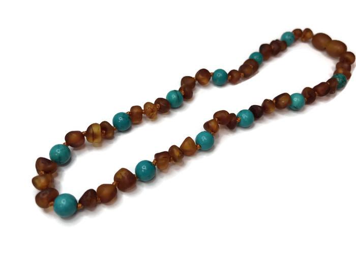 Baby Baltic Amber Necklace - Baltic Amber Teething Necklace Raw 12.5 In Cognac Turquoise