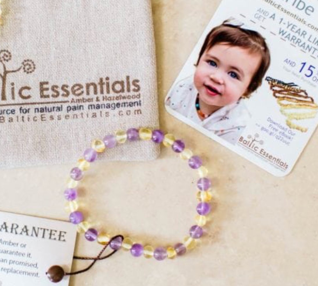 7.5 inch Baltic Amber Bracelet Polished Lemon Amethyst Adult Stretch