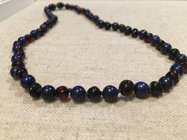 Baltic Amber Necklace - ADHD Anxiety Arthritis Carpal Tunnel Polished Black Cherry Baltic Amber And Lapis Lazuli 18 Inch Baltic Amber Necklace For Big Kid, Teenager, Or Adult