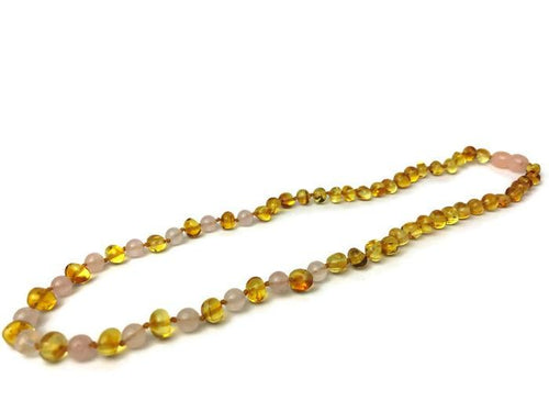 Baltic Amber Necklace - Baltic Amber Polished Lemon Pink Rose Quartz 17-18 Necklace