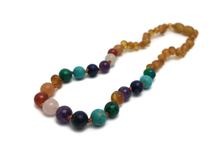 Baltic Amber Necklace - Half Baltic Amber Necklace 12.5 Rainbow Raw Honey Pink Amethyst