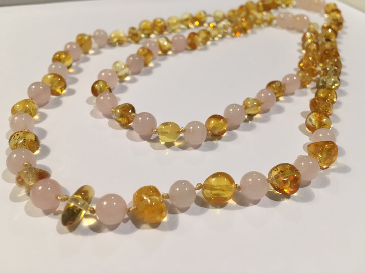Necklace SET Baltic Amber Polished Lemon Pink Rose Quartz 16 And 12.5 Inch Necklace Baby Toddler Teething AND Teen Or Adult Arthritis Carpal Tunnel Sciatica Back Pain Cramps