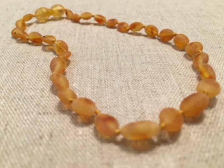 Raw UnPolished Honey Bean 11 Inch POP Clasp Baltic Amber Necklace Teething Fever Colic Fussiness Drooling Red Cheeks For Baby, Infant, Newborn Through About 1 Year.
