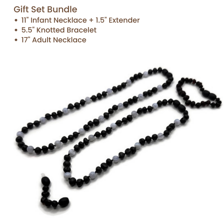 Blue Lace Agate & Baltic Amber Necklace Raw Cherry Gift Set Bundle