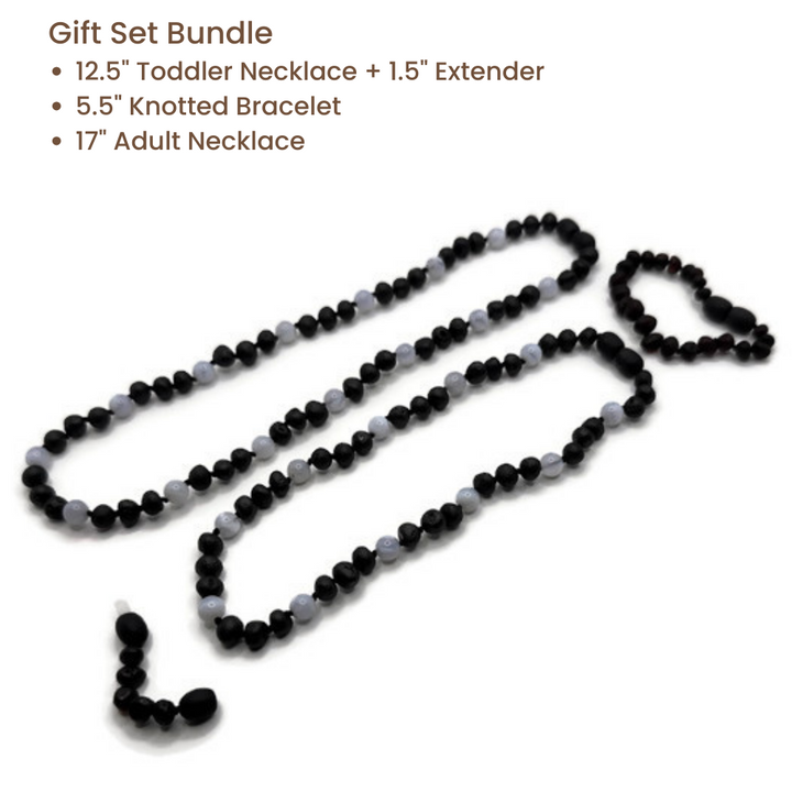 Blue Lace Agate & Baltic Amber Necklace Raw Cherry Gift Set Bundle