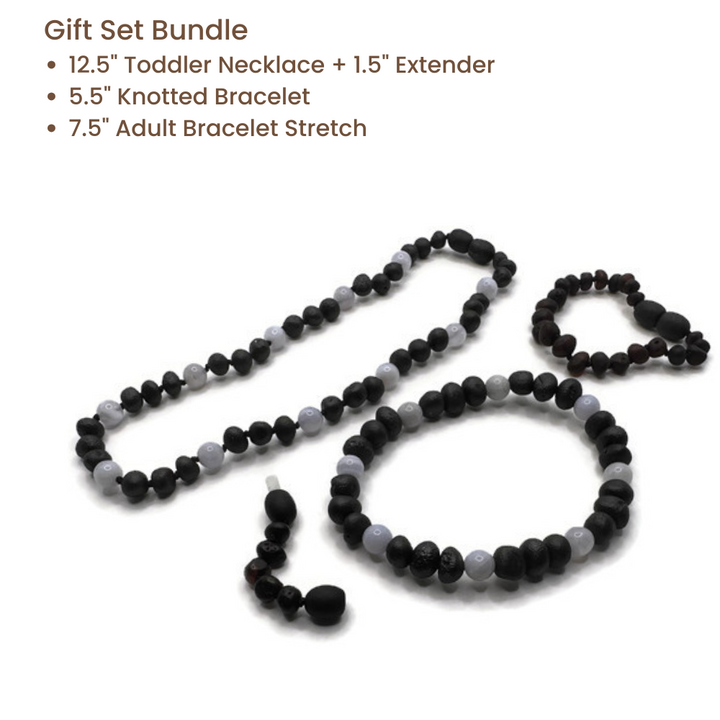 Blue Lace Agate & Baltic Amber Necklace Raw Cherry Gift Set Bundle