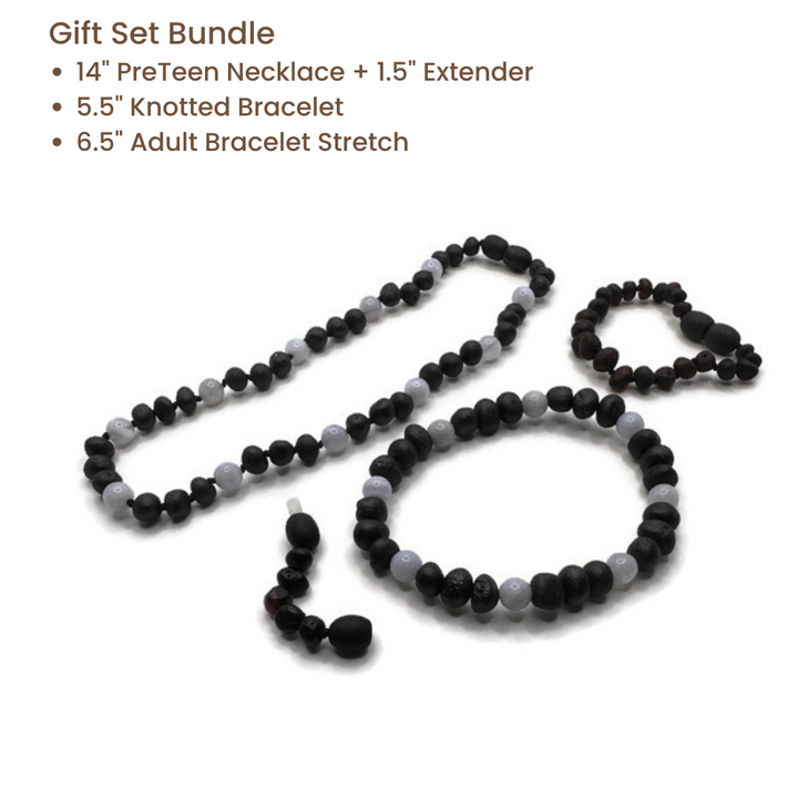 Blue Lace Agate & Baltic Amber Necklace Raw Cherry Gift Set Bundle