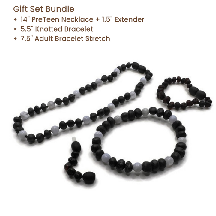 Blue Lace Agate & Baltic Amber Necklace Raw Cherry Gift Set Bundle