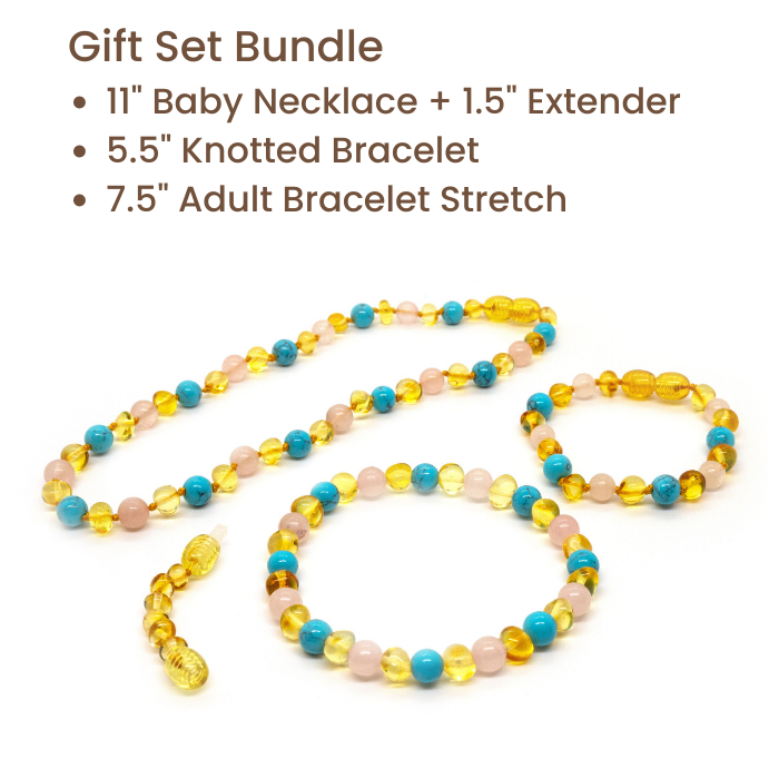 Baltic Amber Teething Necklace Honey Amber Pink Rose Quartz Turquoise