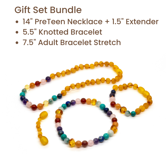 Baltic Amber Necklace - Half Baltic Amber Necklace 12.5 Rainbow Raw Honey Pink Amethyst