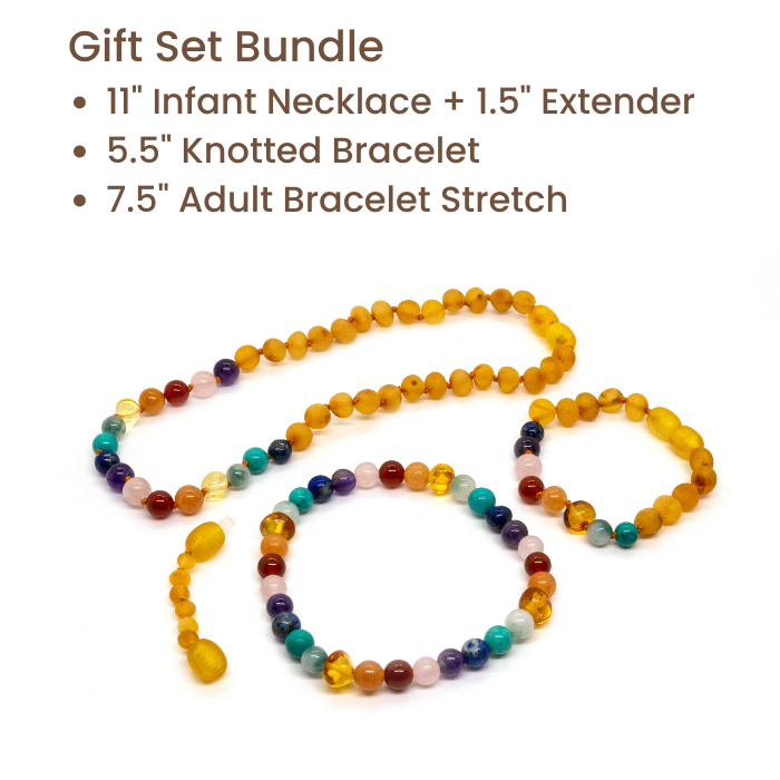 Baltic Amber Necklace - Half Baltic Amber Necklace 12.5 Rainbow Raw Honey Pink Amethyst