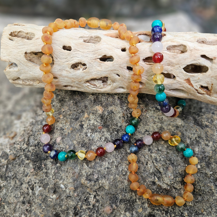 Baltic Amber Necklace - Half Baltic Amber Necklace 12.5 Rainbow Raw Honey Pink Amethyst