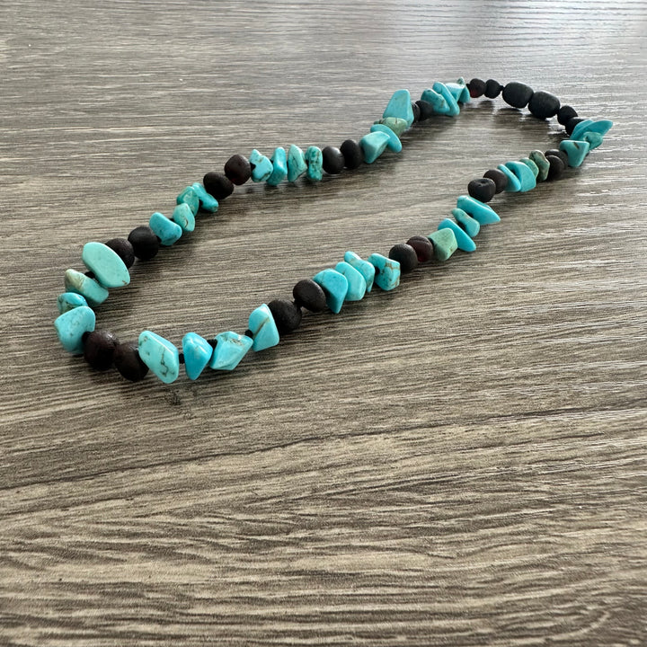 Raw Cherry Turquoise Baltic Amber Teething Necklace - Limited Edition
