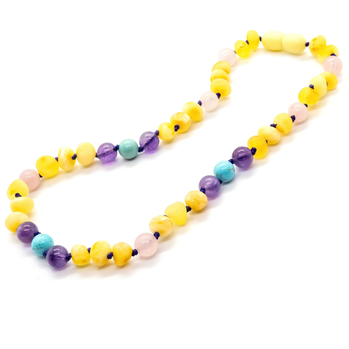 11 in Baltic Amber Necklace Raw Lemon Pink Amethyst Turquoise