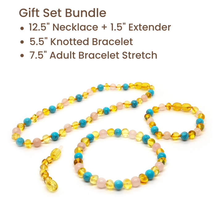 Baltic Amber Teething Necklace Honey Amber Pink Rose Quartz Turquoise