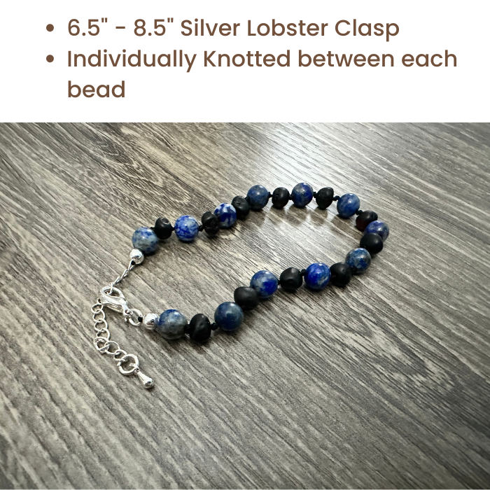 Baltic Amber Bracelet Raw unpolished Black Cherry & Blue Lapis Lazuli