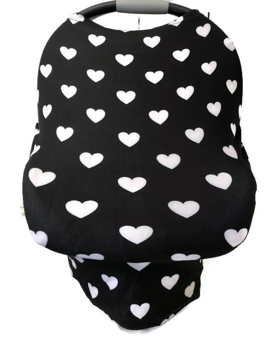 5-in-1 Multi Use Cover Infant Car Shopping Cart Nursing Cover Black White Hearts