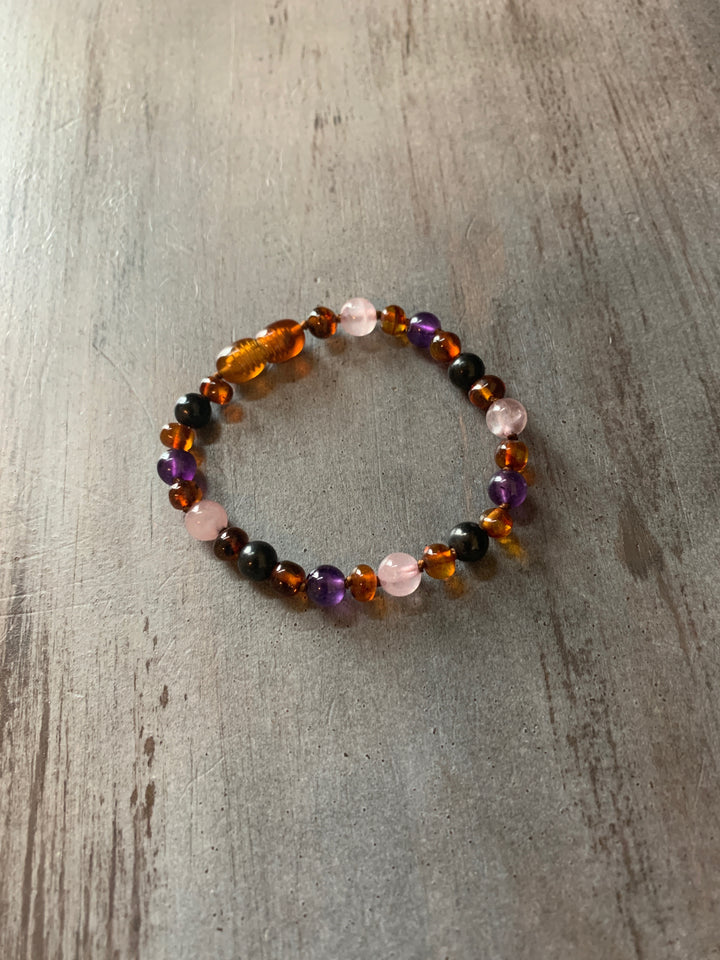 Baltic Amber Necklace Dark Amber Pink Rose Quartz Amethyst Shungite