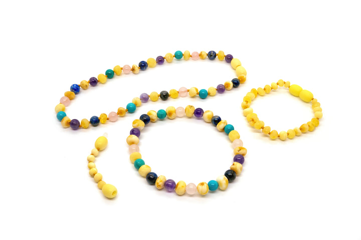 Baby Baltic Amber Necklace - 12.5 11 17 19 Amber Teething Raw Milk Turquoise Lapis Pink Amethyst