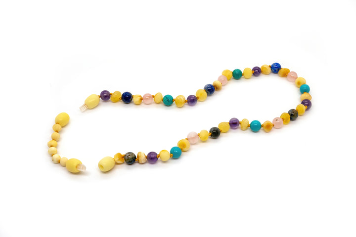 Baby Baltic Amber Necklace - 12.5 11 17 19 Amber Teething Raw Milk Turquoise Lapis Pink Amethyst