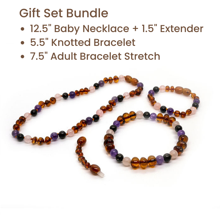 Baltic Amber Necklace Dark Amber Pink Rose Quartz Amethyst Shungite