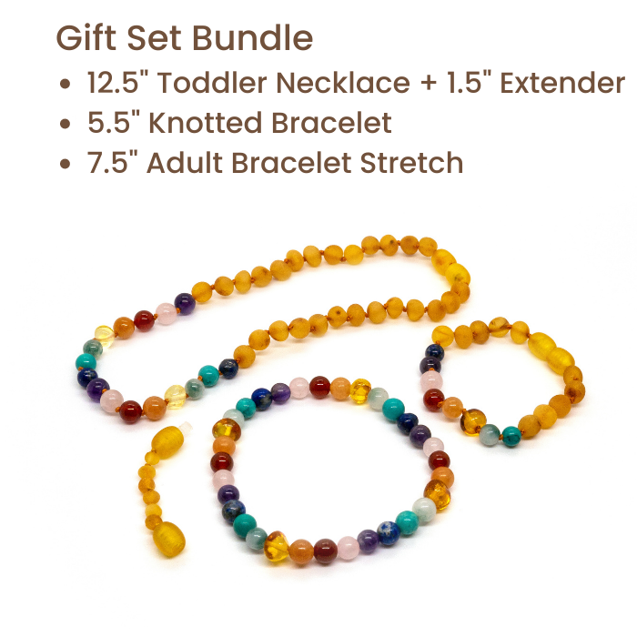 Baltic Amber Necklace - Half Baltic Amber Necklace 12.5 Rainbow Raw Honey Pink Amethyst