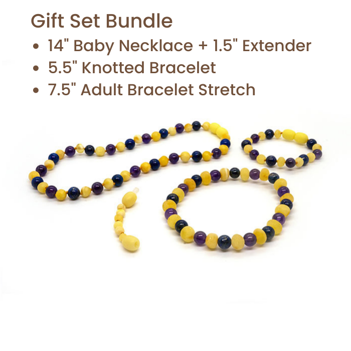 Baltic Amber Necklace Raw Milk Amber Lapis Lazuli Amethyst ADHD Bundle Gift Set
