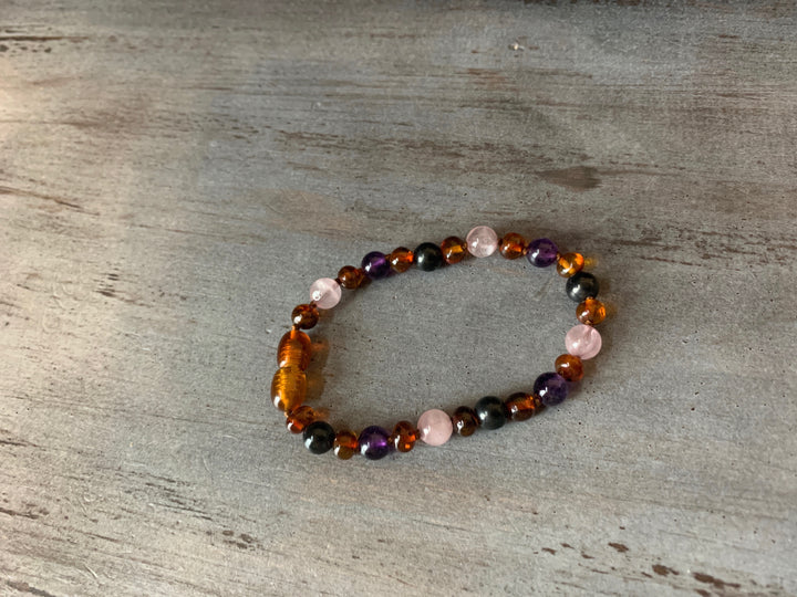 Baltic Amber Necklace Dark Amber Pink Rose Quartz Amethyst Shungite