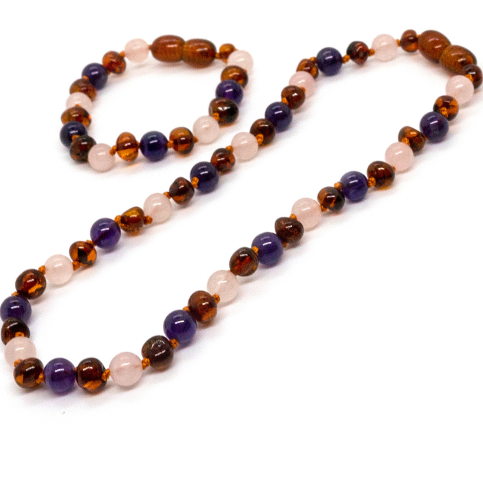 12.5 or 11 inch Baltic Amber Necklace Rainbow Dark Amber Pink Amethyst