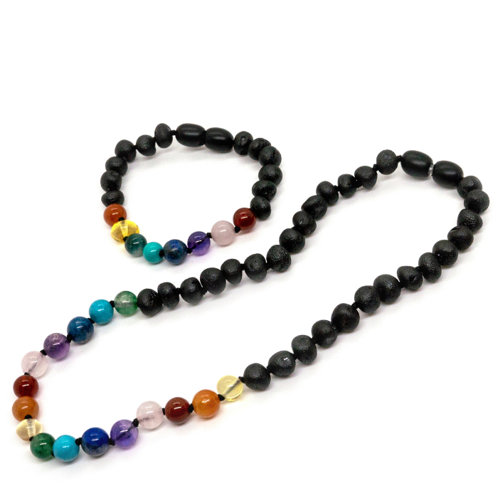 Baltic Amber Necklace - Half Baltic Amber Necklace 14 Rainbow Raw Black Cherry Pink Amethyst