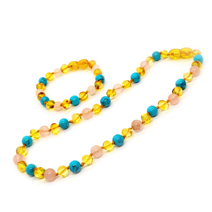 Baltic Amber Necklace - 12.5 Baltic Amber Necklace Honey Amber Pink Rose Quartz Turquoise Baby