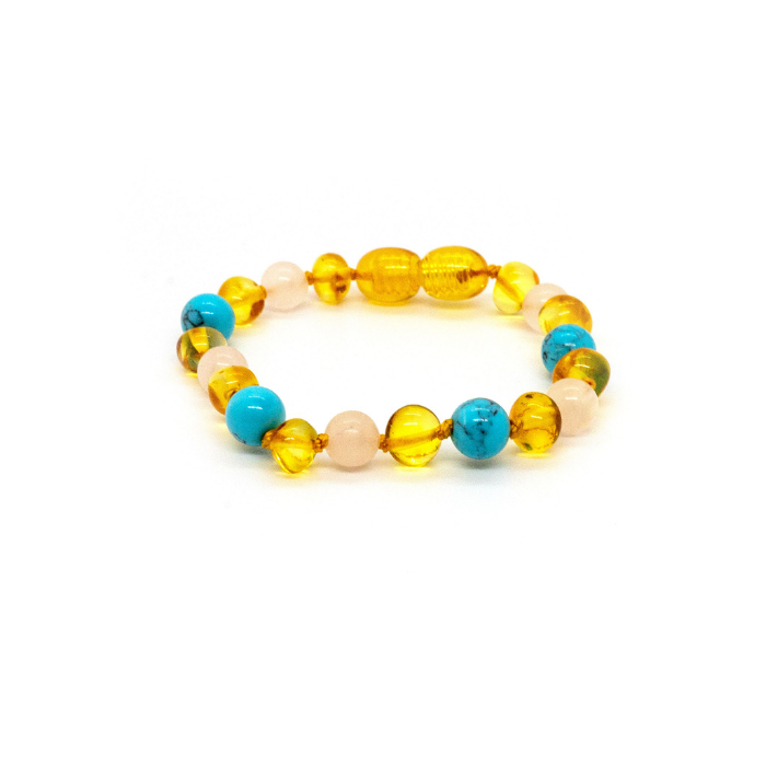 Baltic Amber Necklace - Baltic Amber Teething Necklace Honey Amber Pink Rose Quartz Turquoise