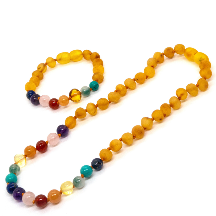 Baltic Amber Necklace - Half Baltic Amber Necklace 14 Rainbow Raw Honey Pink Quartz Amethyst