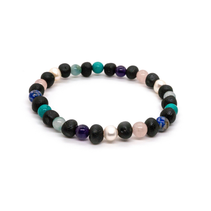 Baltic Amber Bracelet Raw Cherry Mix with Pearl Jade Amethyst Turquoise Lapis