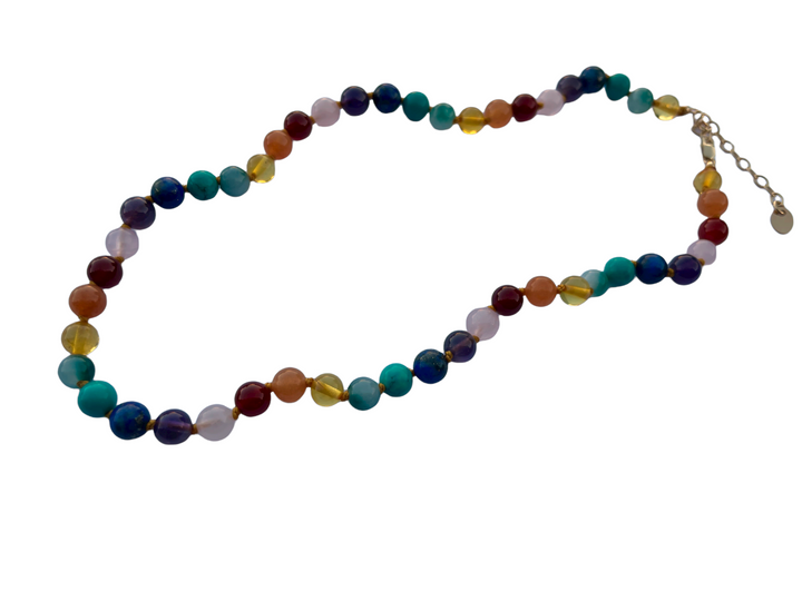 Baltic Amber preTeen 14 or 15 inch Necklace Rainbow Honey Amber Pink Rose Quartz Red Aventurine. 