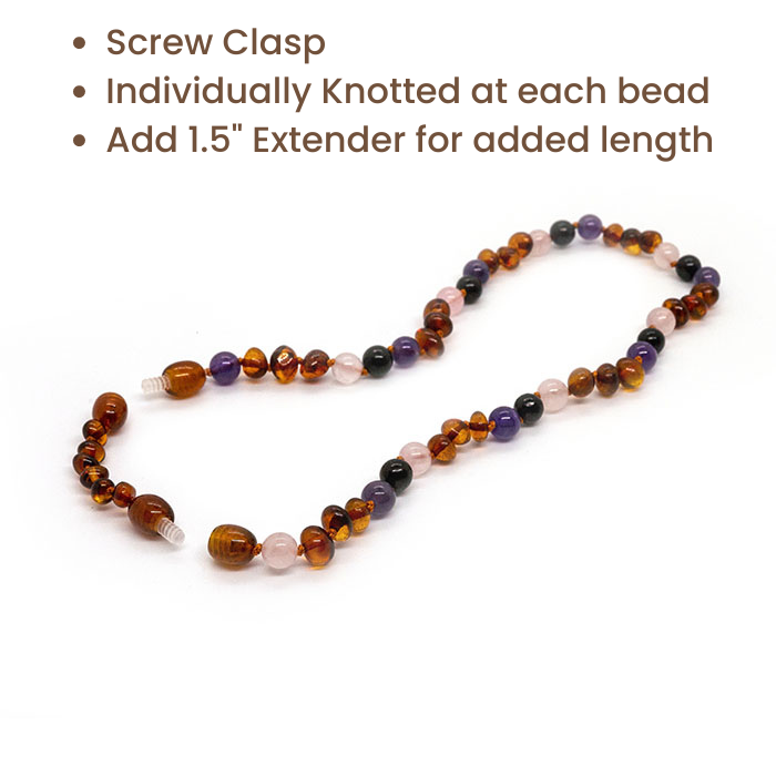 Baltic Amber Necklace Dark Amber Pink Rose Quartz Amethyst Shungite