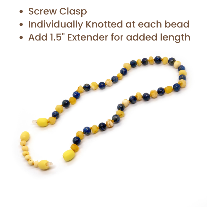 Baltic Amber Necklace 12.5" ADHD Anxiety Teething Raw Milk Lapis Baltic Amber Necklace Natural