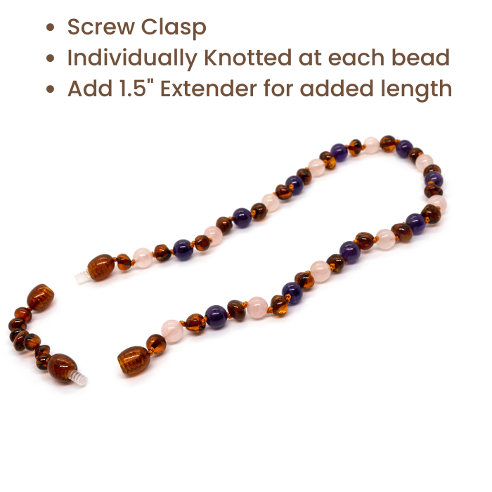 12.5 or 11 inch Baltic Amber Necklace Rainbow Dark Amber Pink Amethyst