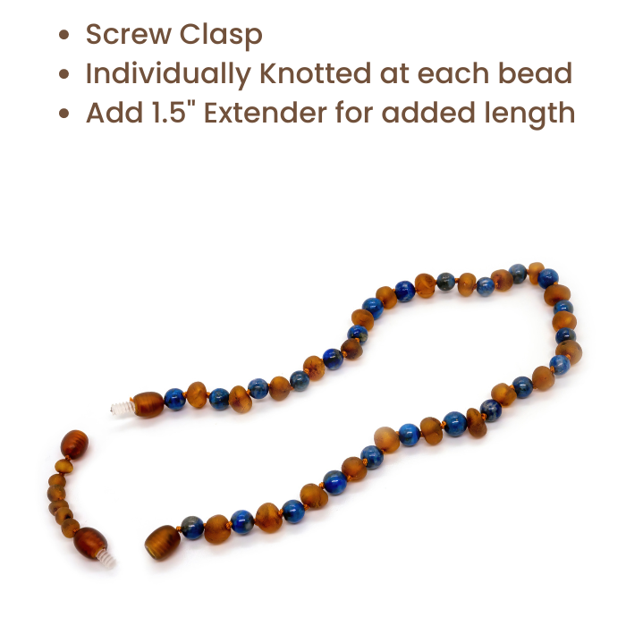 Baltic Amber Necklace - 12.5 ADHD Teething Raw Cognac Lapis Lazuli Baltic Amber Necklace Baby