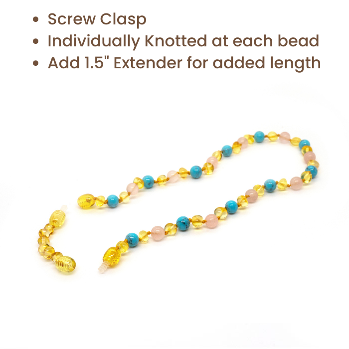 Baltic Amber Necklace - 12.5 Baltic Amber Necklace Honey Amber Pink Rose Quartz Turquoise Baby