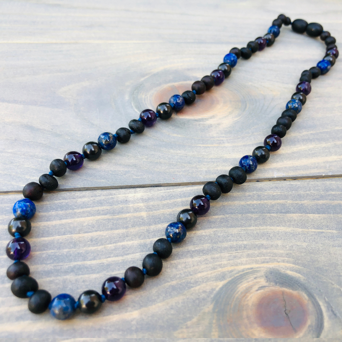 EMF Protection Shungite Baltic Amber Necklace Raw Cherry Lapis Amethyst