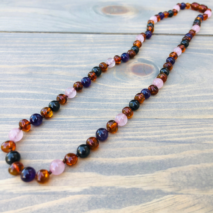 Baltic Amber Necklace Dark Amber Pink Rose Quartz Amethyst Shungite