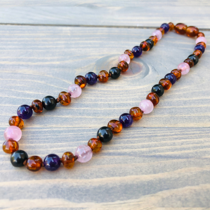 Baltic Amber Necklace Dark Amber Pink Rose Quartz Amethyst Shungite