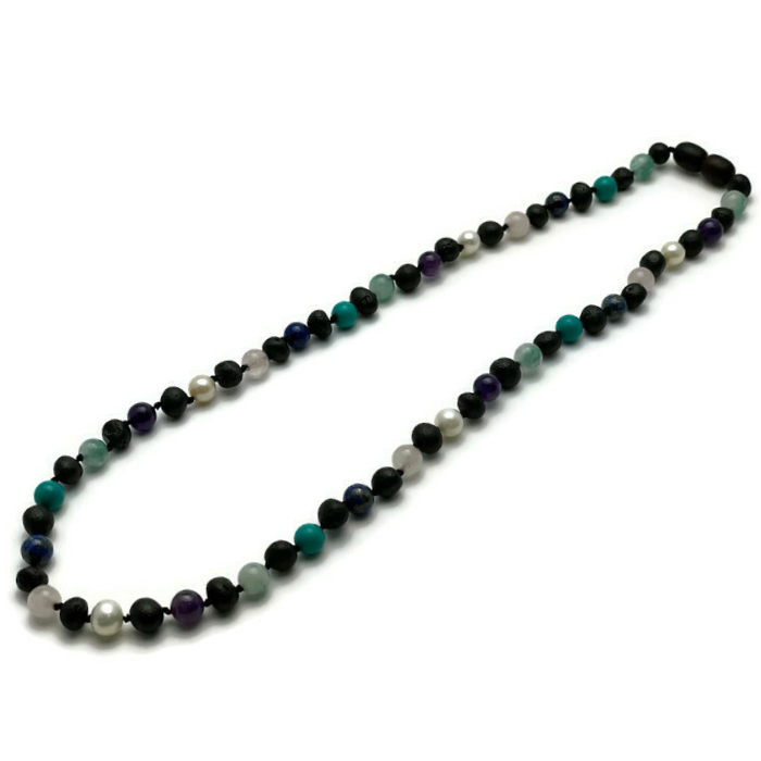 Baltic Amber Necklace Adult Raw Cherry Mixed with Pearl Jade Turquoise Lapis Amethyst