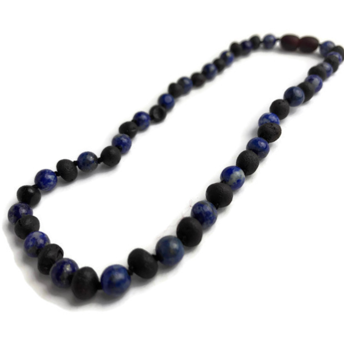 12.5 14 inch Baltic Amber Necklace Raw unpolished Cherry & Blue Lapis Lazuli 16" - 22" for Adult