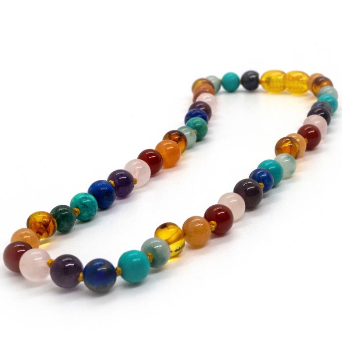 Baltic Amber Necklace - Baltic Amber Pre-Teen 14 Necklace Rainbow Honey Amber Pink Rd Cyrsocolla