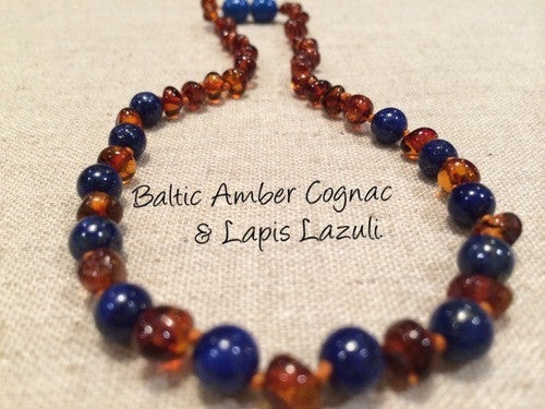ADHD Teething Inflammation Polished Lapis Lazuli Baltic Amber Necklace For Baby, Infant, Toddler