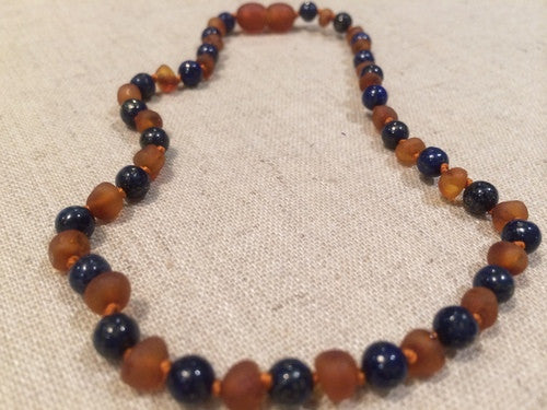 Baltic Amber Necklace - 12.5 ADHD Teething Raw Cognac Lapis Lazuli Baltic Amber Necklace Baby